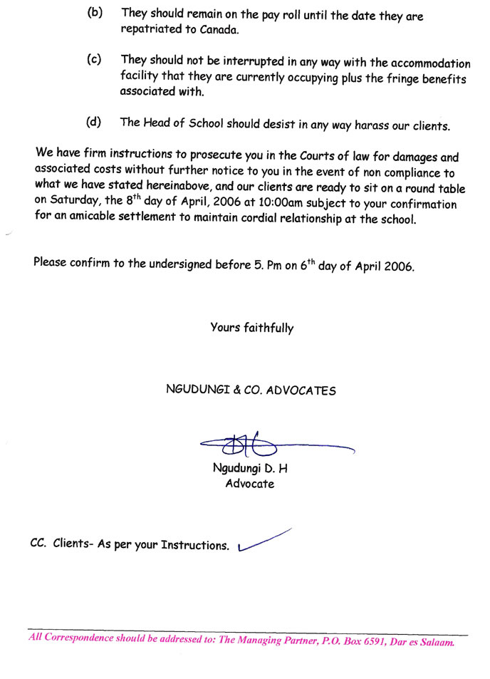 Page three of our lawyer's letter to the Chair of AKES,T regarding our termination