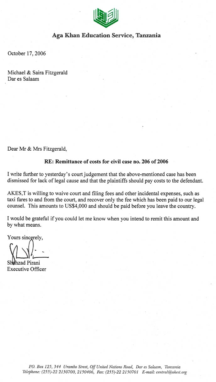 AKES,T's letter of 17 October 2006 demanding that we pay their legal costs, written by Shehzad Pirani