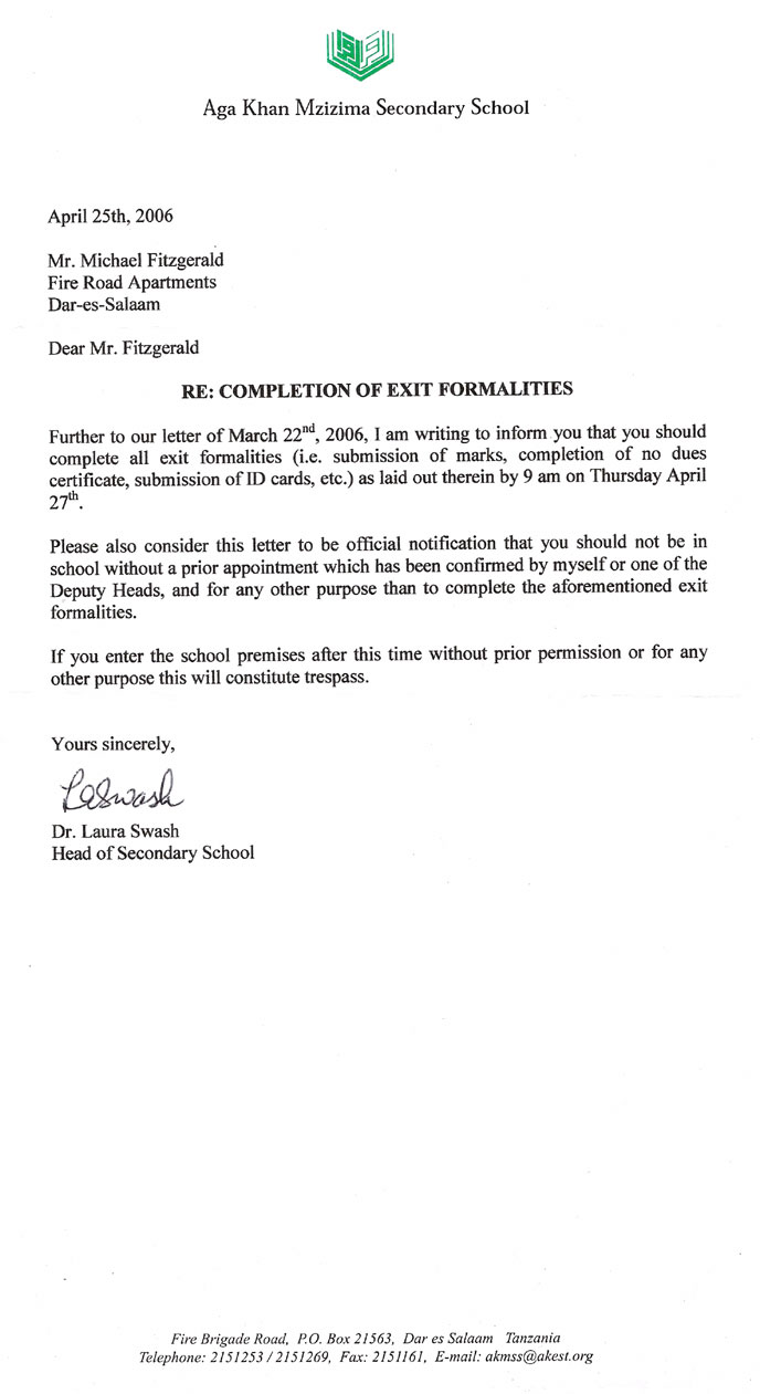 AKMSS Head of School's letter referring to trespass