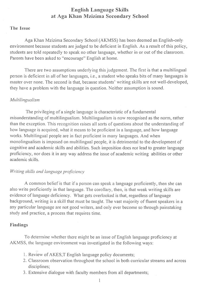 Page 1 of a report on language policy at AKMSS