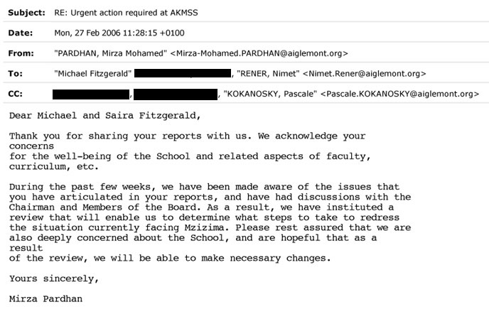An email from Mirza Pardhan in Aiglemont regarding the situation at AKMSS