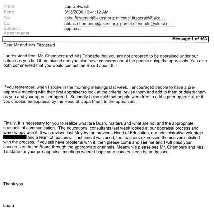 AKMSS Head of School's first email about the appraisal process