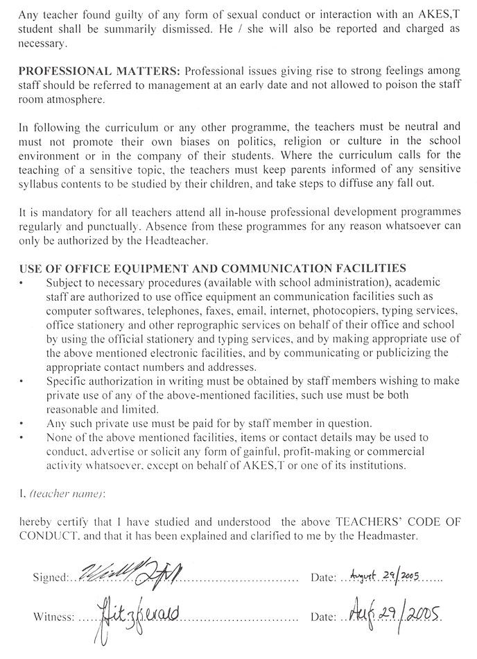 The second page of the Code of Conduct in the contract with AKES,T